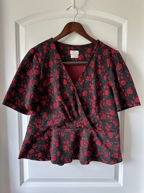 Anthropologie Black & Red Floral Wrap Peplum Top